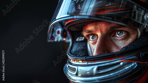 portrait of a racing driver in a helmet. formula one racing driver on black background photo