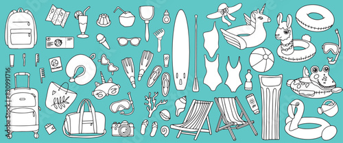 Hand drawn set of summer holiday elements, luggage, swimwear and beach accessories. Travel element drawn in doodle style. Illustration for banner, background, badge, logo design. Vector
