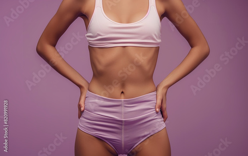 slim lady body with pumped up abs, isolated violet color studio background