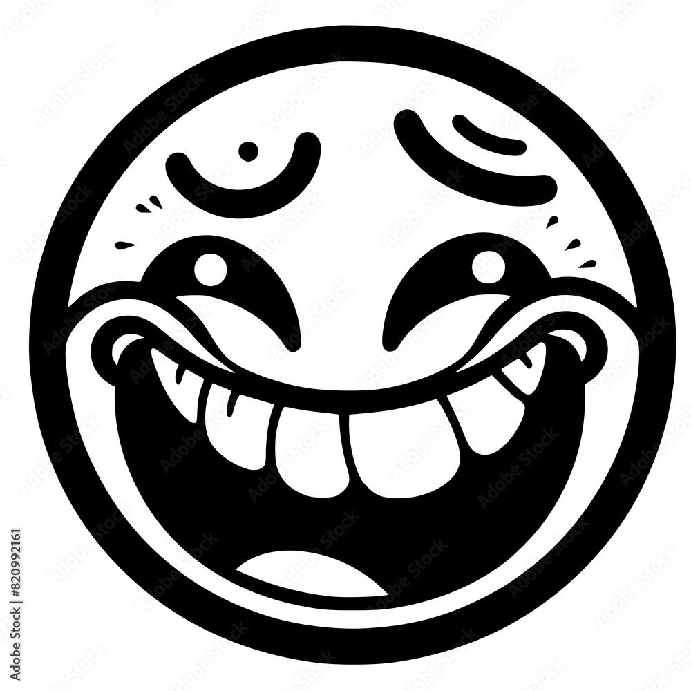 A crazy and funny smiley face in black and white, perfect for emotional expression illustrations, cartoons, humorous designs, and versatile creative projects