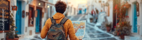 A young man with a backpack is looking at a map while walking down a narrow street in a foreign city photo