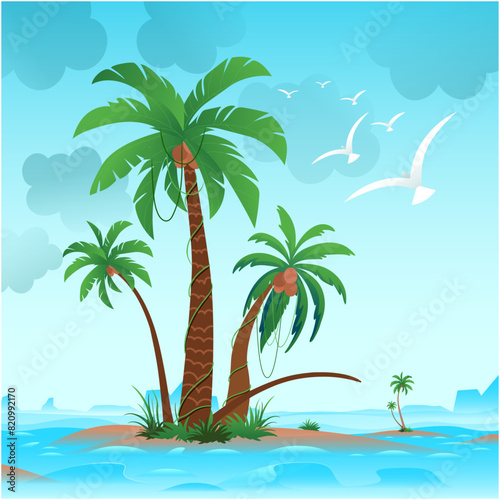 Coconut trees green grass with Sky cloud and birds vector illustration