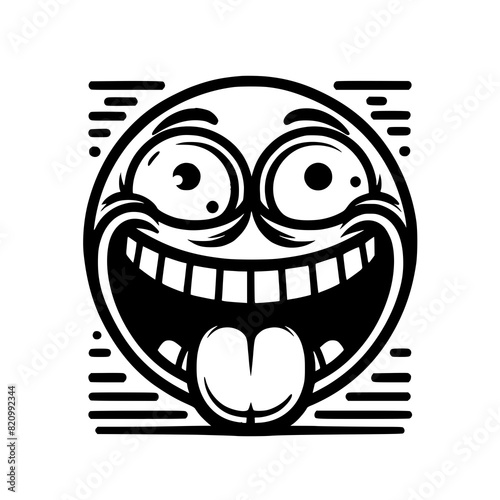 A crazy and funny smiley face in black and white, perfect for emotional expression illustrations, cartoons, humorous designs, and versatile creative projects