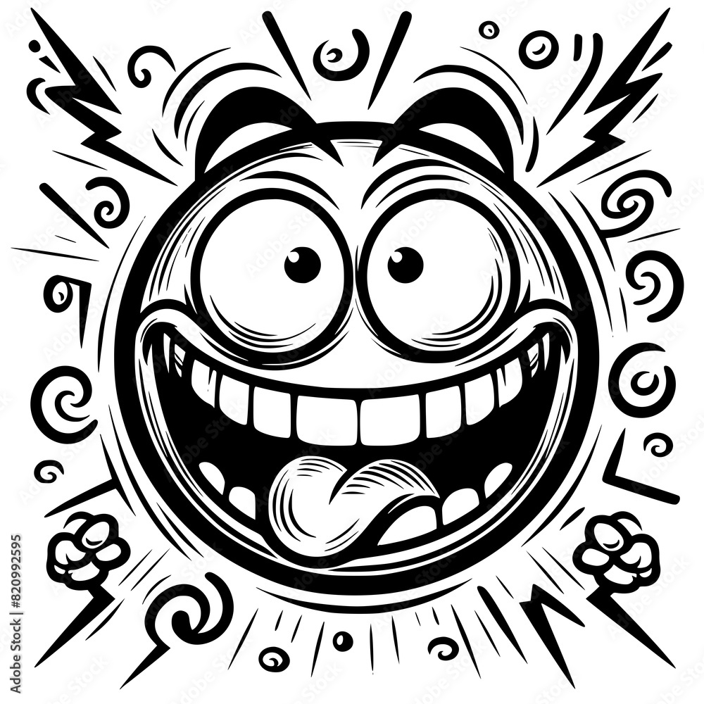 A crazy and funny smiley face in black and white, perfect for emotional expression illustrations, cartoons, humorous designs, and versatile creative projects A crazy and funny smiley face in black and white, perfect for emotional expression illustrations, cartoons, humorous designs, and versatile creative projects
