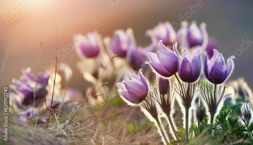 spring background with flowers in meadow pasque flower pulsatilla grandis photo