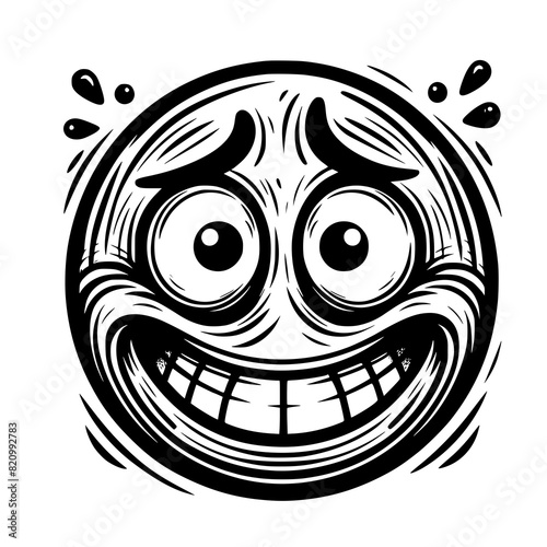 A crazy and funny smiley face in black and white, perfect for emotional expression illustrations, cartoons, humorous designs, and versatile creative projects