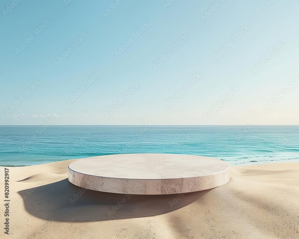 Sandy beach pedestal for holiday sales presentation, close up dynamic blend mode against a backdrop of clear summer sky