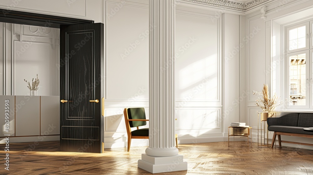 a modern farmhouse interior design house, adorned with single panel black interior doors, accented by gold hardware, and featuring modern lines, white door trim, and white baseboards. a modern farmhouse interior design house, adorned with single panel black interior doors, accented by gold hardware, and featuring modern lines, white door trim, and white baseboards.