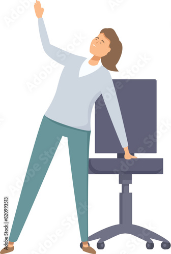 Illustration of a smiling woman stretching next to her office chair, promoting workplace wellness