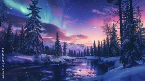 Enchanting Winter Night Under the Magical Northern Lights Over a Snowy Landscape photo