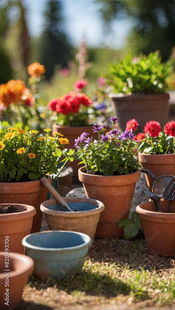 Assortment of gardening implements and flowerpots in a sunny outdoor space