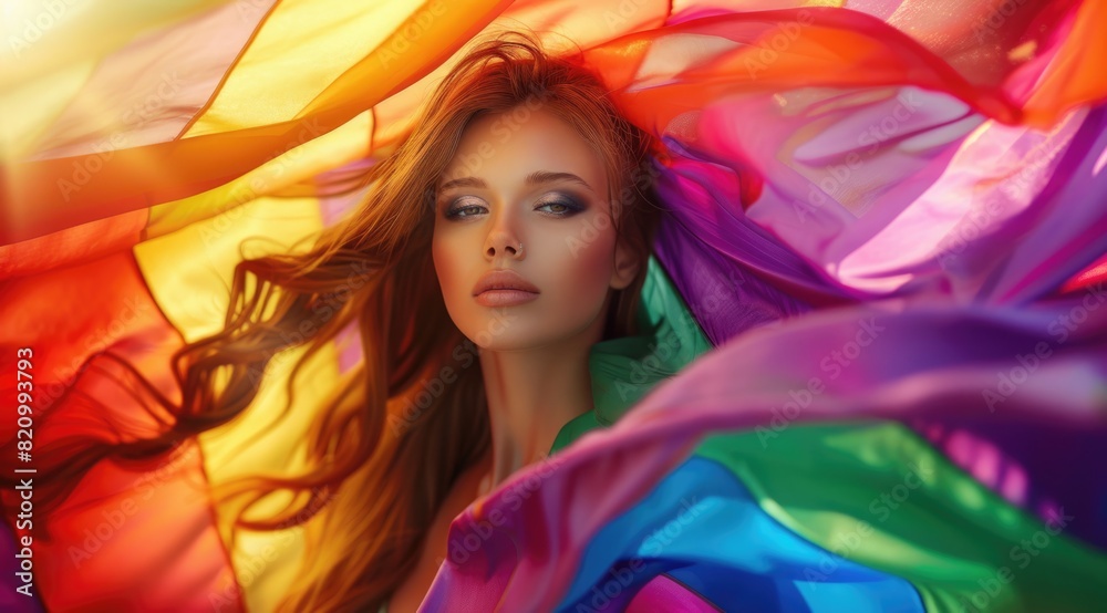 Fototapeta premium Woman with colorful rainbow colored fabric flowing in the wind