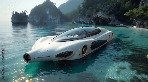 "Seaside Splendor Explore Coastal Waters in a Luxurious Amphibious Car, Modern Design Conceals Aquatic Functionality, Opulent Interior Offers Panoramic Underwater Vistas."