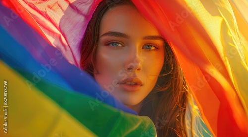 Portrait of Beautiful woman with long hair, colorful rainbow colored fabric flowing in the wind