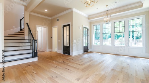 a modern farmhouse interior design house  adorned with single panel black interior doors  accented by gold hardware  and featuring modern lines  white door trim  and white baseboards.