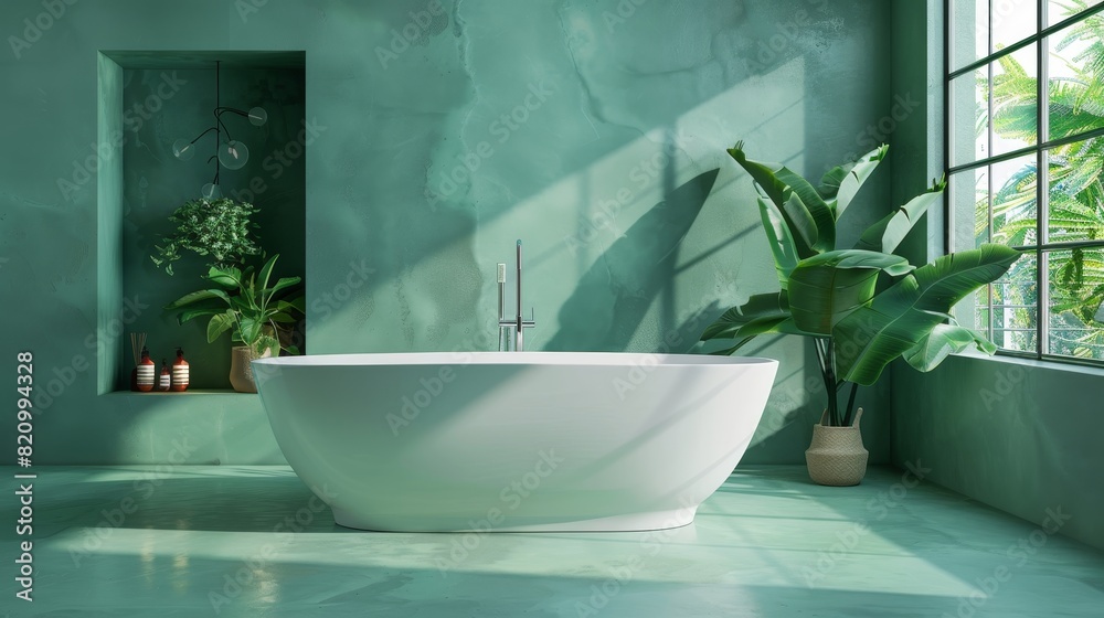 Close-up of a freestanding bathtub in a stylish bathroom with soft green hues, large windows, potted plants, isolated background, studio lighting for advertising Close-up of a freestanding bathtub in a stylish bathroom with soft green hues, large windows, potted plants, isolated background, studio lighting for advertising