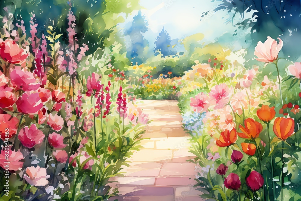 Beautiful blooming garden path with a variety of vibrant flowers in a lush, tranquil setting under the bright sunlight. Beautiful blooming garden path with a variety of vibrant flowers in a lush, tranquil setting under the bright sunlight.