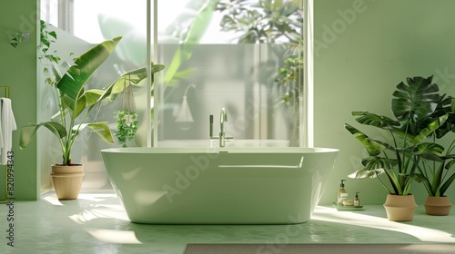 Close-up of a modern bathroom with soft green hues  featuring a freestanding bathtub  large windows  and potted plants  isolated background  studio lighting for advertising