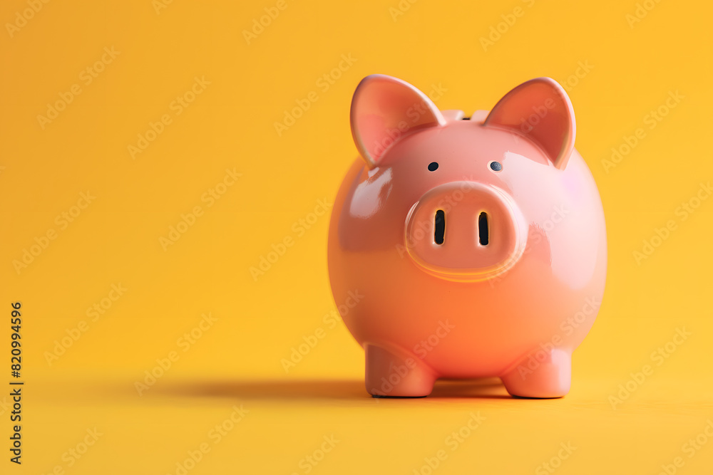 Pink piggy bank on vibrant yellow background