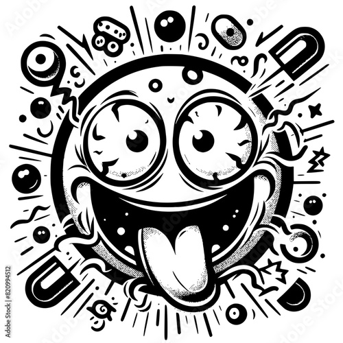 A crazy and funny smiley face in black and white, perfect for emotional expression illustrations, cartoons, humorous designs, and versatile creative projects