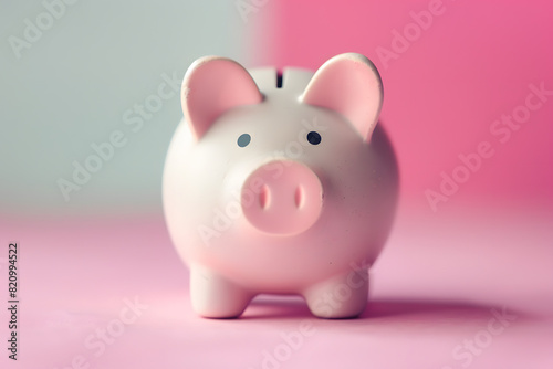 Cute pink piggy bank on soft background