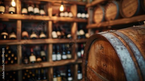 Close-up of a wine barrel in a country winery storage room, wooden shelves filled with bottles, isolated background with studio lighting, perfect for advertising