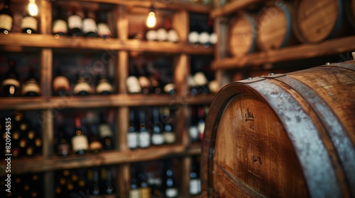 Close-up of a wine barrel in a country winery storage room, wooden shelves filled with bottles, isolated background with studio lighting, perfect for advertising photo
