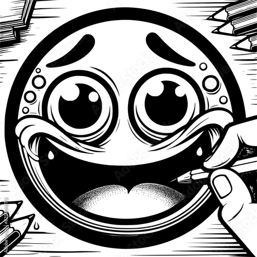 A crazy and funny smiley face in black and white, perfect for emotional expression illustrations, cartoons, humorous designs, and versatile creative projects