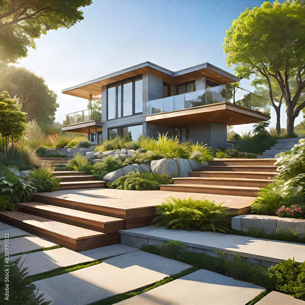 Contemporary home exterior with split level design with beige siding, attached wood deck with seating area, detailed stone patio, Contemporary home exterior with split level design with beige siding, attached wood deck with seating area, detailed stone patio,