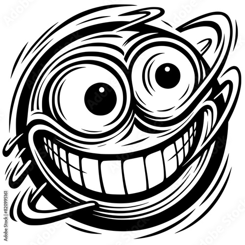 A crazy and funny smiley face in black and white, perfect for emotional expression illustrations, cartoons, humorous designs, and versatile creative projects