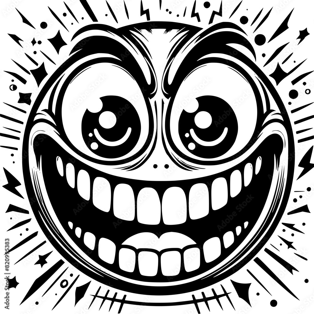 A crazy and funny smiley face in black and white, perfect for emotional expression illustrations, cartoons, humorous designs, and versatile creative projects