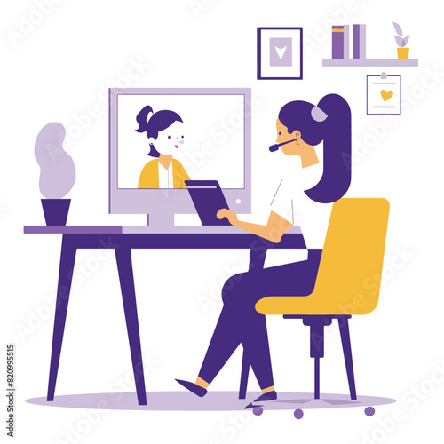 Video Call Conference Female at Desk, Minimal Flat Vector White Background and Purple Elements