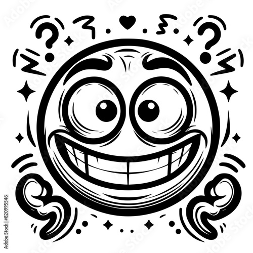 A crazy and funny smiley face in black and white, perfect for emotional expression illustrations, cartoons, humorous designs, and versatile creative projects