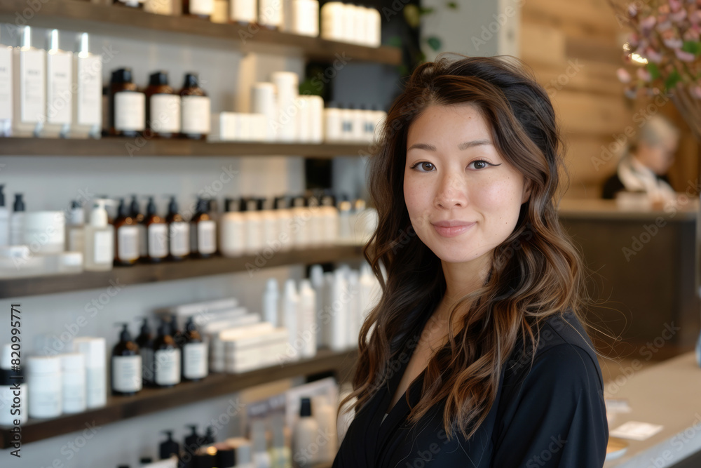 An elegant Japanese woman with a deep understanding of skincare and cosmetics, gracefully assisting customers in selecting products tailored to their individual needs and preferences. An elegant Japanese woman with a deep understanding of skincare and cosmetics, gracefully assisting customers in selecting products tailored to their individual needs and preferences.
