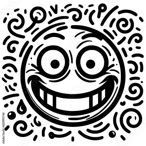 A crazy and funny smiley face in black and white, perfect for emotional expression illustrations, cartoons, humorous designs, and versatile creative projects