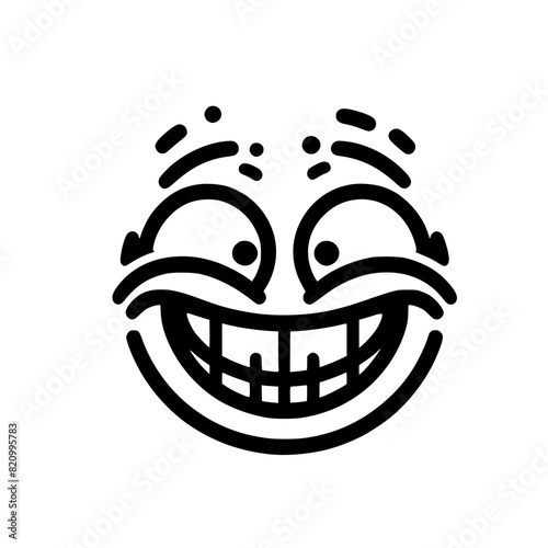 A crazy and funny smiley face in black and white, perfect for emotional expression illustrations, cartoons, humorous designs, and versatile creative projects