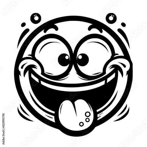 A crazy and funny smiley face in black and white, perfect for emotional expression illustrations, cartoons, humorous designs, and versatile creative projects