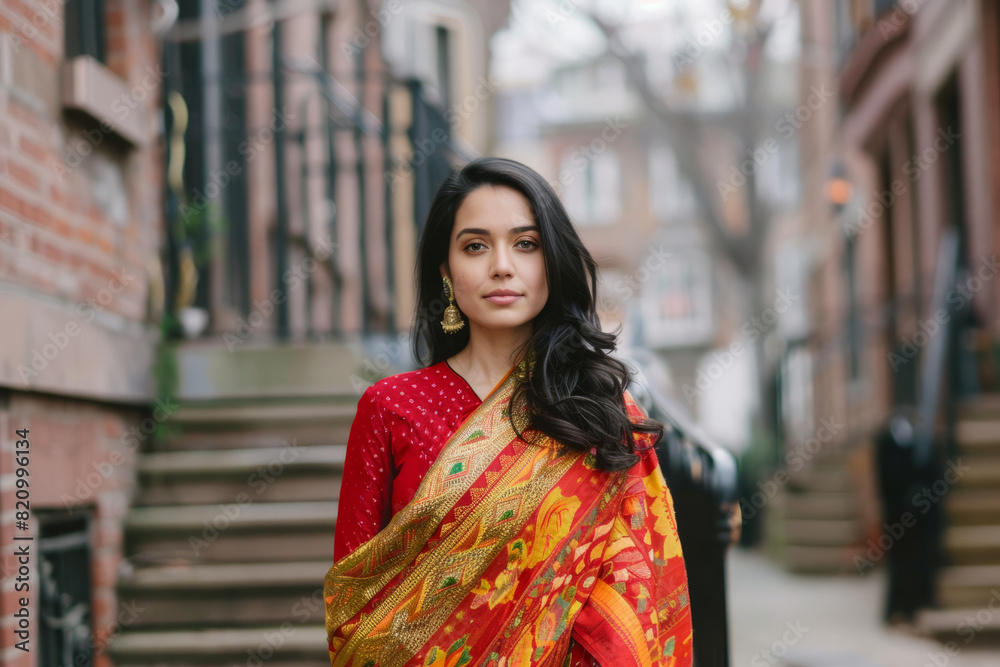 An Indian entrepreneur blending her Indian roots with American sensibilities in her clothing brand, offering fusion wear that seamlessly combines traditional Indian textiles and craftsmanship with An Indian entrepreneur blending her Indian roots with American sensibilities in her clothing brand, offering fusion wear that seamlessly combines traditional Indian textiles and craftsmanship with