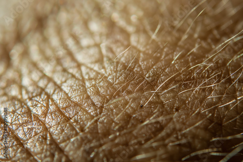Close-Up of Human Skin Texture and Hair. Extreme close-up of human skin showing detailed texture and fine hair, highlighting the intricate patterns and natural features.