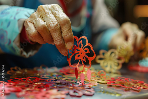 Artisans crafting intricate paper-cut decorations and lanterns by hand, infusing each creation with symbolism and meaning to usher in blessings and good fortune for the new year. photo