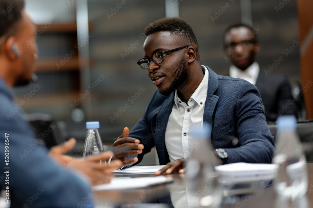 Confident Black entrepreneur presenting project at corporate meeting. Confident Black entrepreneur presenting project at corporate meeting.