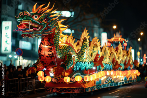 Decorated floats parading through city streets during Lunar New Year celebrations  each one representing a unique aspect of traditional culture and symbolizing hopes and aspirations for the year ahead