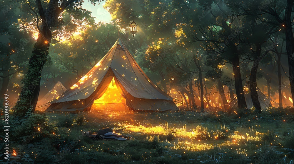 Three illuminated tents in a magical forest clearing. Three illuminated tents in a magical forest clearing.