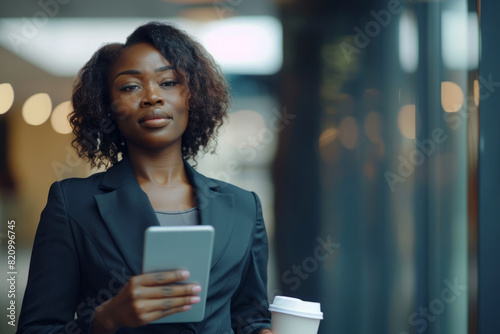 In the office environment, a black entrepreneur business woman pauses for a coffee break, clutching her digital tablet. With a determined expression, she epitomizes resilience and ambition, balancing photo