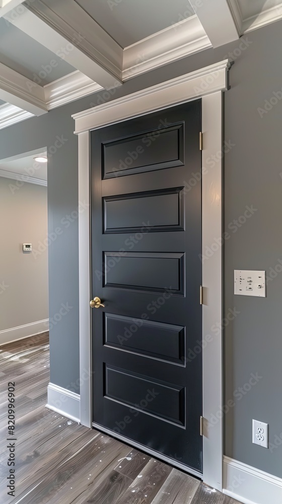 a modern farmhouse interior design house, adorned with single panel black interior doors, accented by gold hardware, and featuring modern lines, white door trim, and white baseboards. a modern farmhouse interior design house, adorned with single panel black interior doors, accented by gold hardware, and featuring modern lines, white door trim, and white baseboards.