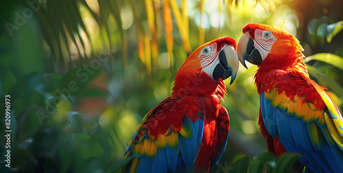 Couple of ara parrots in love in the jungle, banner with copy space 