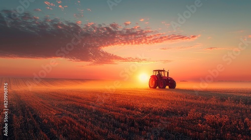 Tractor working in field on sunset. © Grigor