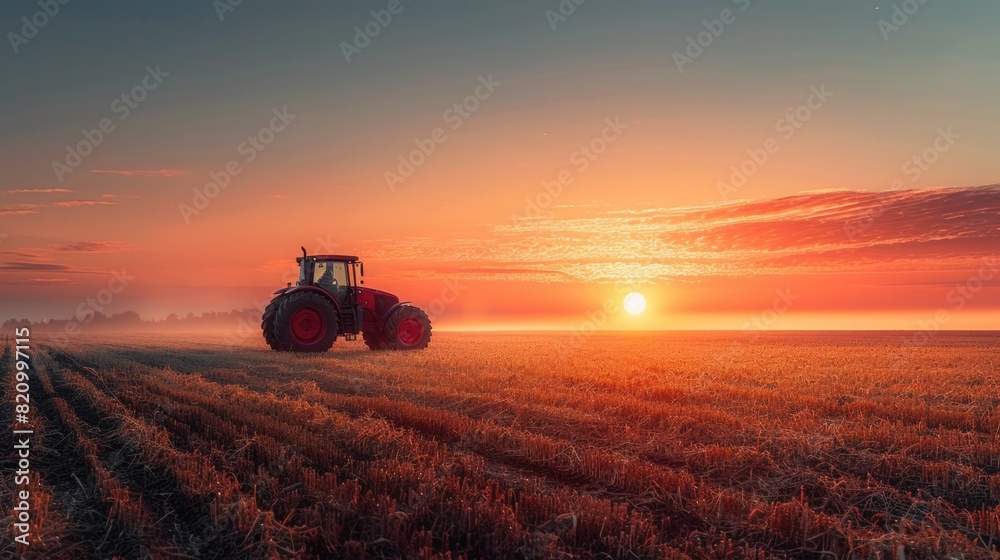 Tractor working in field on sunset.