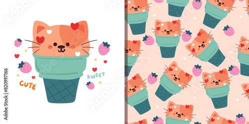 cute seamless pattern cartoon cat with cute dessert. cute wallpaper for kids, gift wrap paper. cute set of animal wallpaper and card
