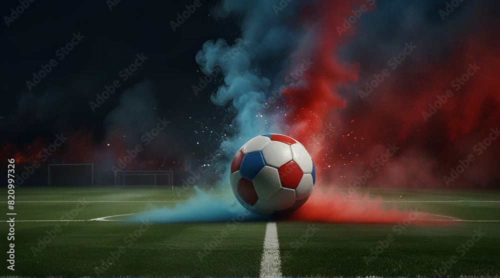  textured soccer game field - center, midfield and ball in center with red and blue smoke, generative.ai